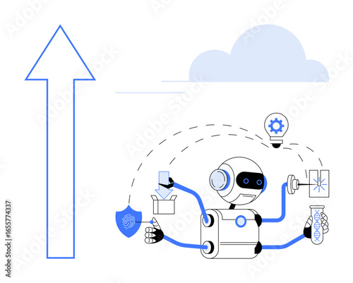 Robot with arms multitasking among science, safety, creativity, and engineering. Ideal for AI, automation, innovation, success technology productivity research. A simple flat metaphor