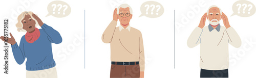 Vector illustration of elderly people with memory problems, confused senior men and women, dementia, Alzheimer’s disease, mental health concept