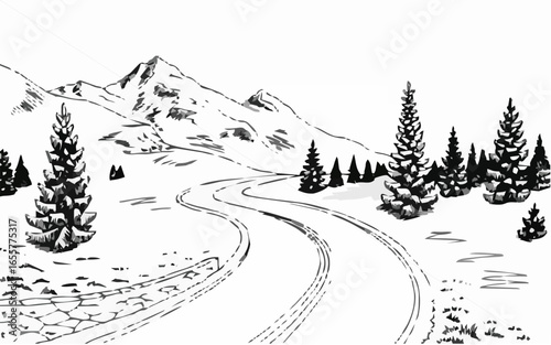 Mountain road graphic black w...