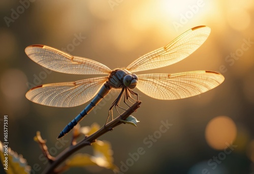 Dragonfly perched on a twig against a golden sunlit background