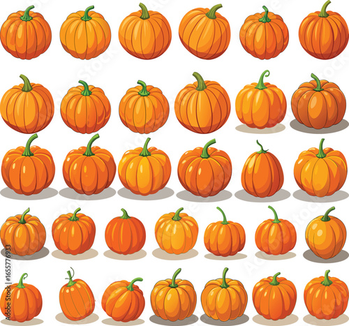 Festive array of pumpkins for fall harvest season featuring classic orange gourds arranged for halloween or thanksgiving designs and creative agricultural themes