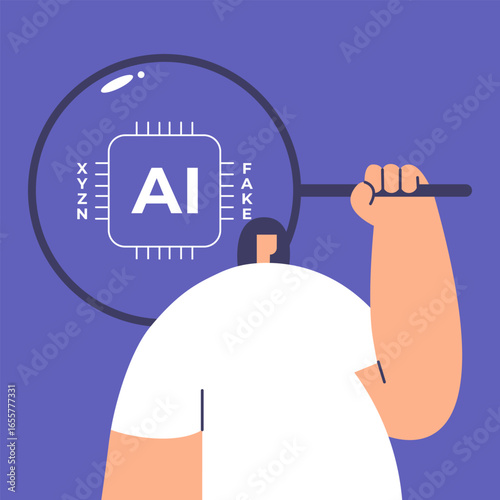 Digital counterfeits. Fake digital data. Girl with AI Chip. Input and output concept. Flat vector illustration