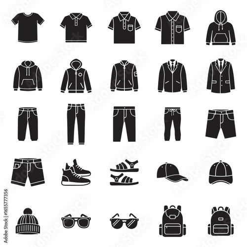 Modern Men's Apparel Icons set Stylish Black Glyph Set of T-shirts, Pants, Jackets, Hoodies, Caps, and Sneakers