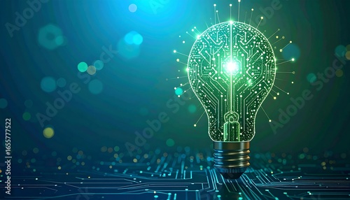 A digital lightbulb design with circuit board patterns highlights innovative technology and futuristic ideas.