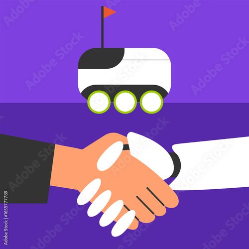 Autonomous robot delivering goods to customers. Shake hands businessman and AI robot. Flat vector illustration.