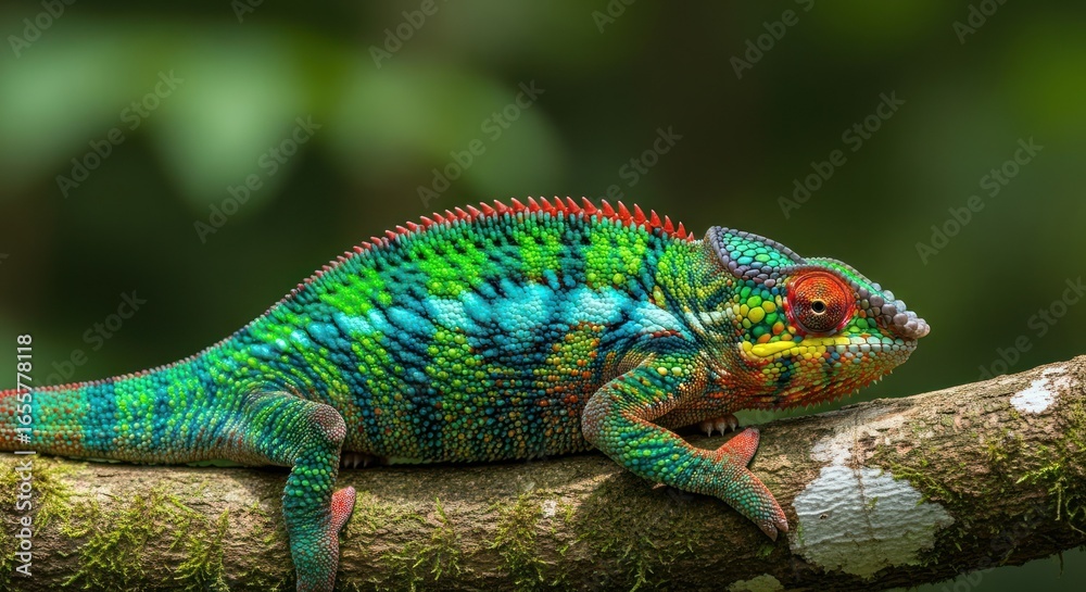 Fototapeta premium Vibrant chameleon on branch in lush forest