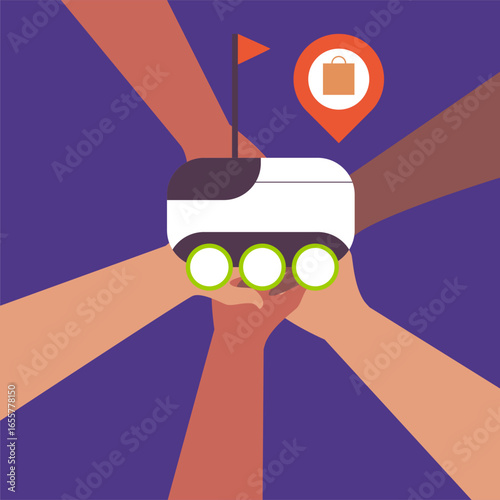 Autonomous robot delivering goods to different customers. Flat vector illustration.