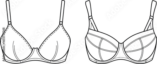 Women bra design, lingerie flat sketch, underwear cad drawing, fashion vector template, garment blueprint, intimate apparel illustration, clothing technical lingerie pattern