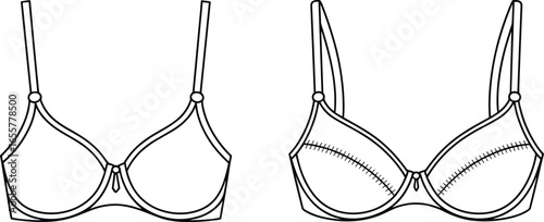 Women bra design, lingerie flat sketch, underwear cad drawing, fashion vector template, garment blueprint, intimate apparel illustration, clothing technical fashion pattern