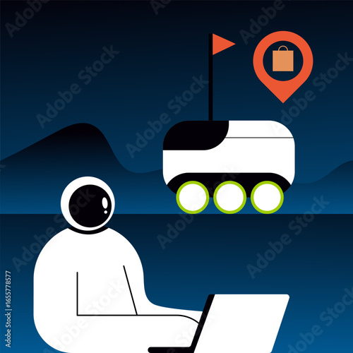 Autonomous robot delivering goods to customers on another planet and delivery tracking app on laptop and astronaut. Flat vector illustration.