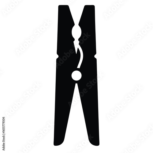 Silhouette of wooden clothespin isolated on white-Black silhouette of a classic wooden clothespin, symbolizing laundry, household chores, clothing care, drying, domestic life, and everyday objects