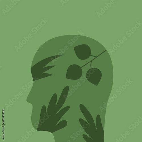 Abstract Wellness in nature. People engaging in digital detox, forest bathing, and enjoying urban green spaces for mental health. Flat Vector illustration.