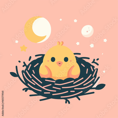 flat illustration of a baby bird in a cage