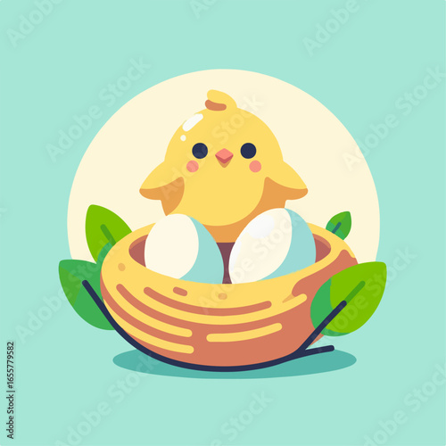 flat illustration of a baby bird in a cage