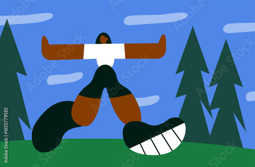 Wellness in nature for Black people. African Girl engaging in digital detox, forest bathing, and enjoying urban green spaces for mental health. Flat Vector illustration.