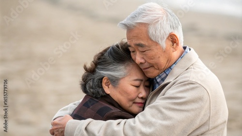 Loving Senior Asian Couple Sharing a Tender Embrace on the Beach