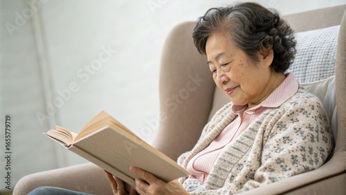 Content Senior Asian Man Smiling While Reading a Book at Home
