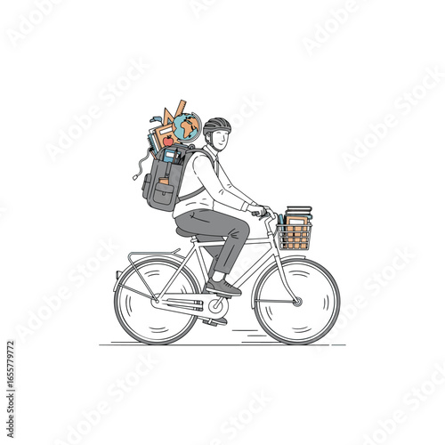 A person on a bicycle, overloaded with a large backpack and basket full of various items.