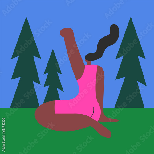 Wellness in nature. Black Girl engaging in digital detox, forest bathing, and enjoying urban green spaces for mental health. Flat Vector illustration.