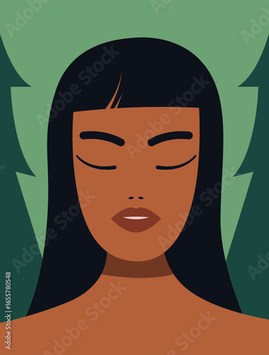 Wellness in nature. Black Asian Girl engaging in digital detox, forest bathing, and enjoying urban green spaces for mental health. Flat Vector illustration.