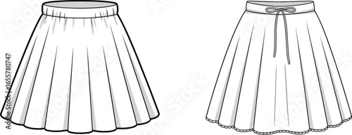 Women skirt design, pleated skirt flat sketch, fashion cad drawing, garment vector template, clothing blueprint, apparel illustration, fashion design pattern