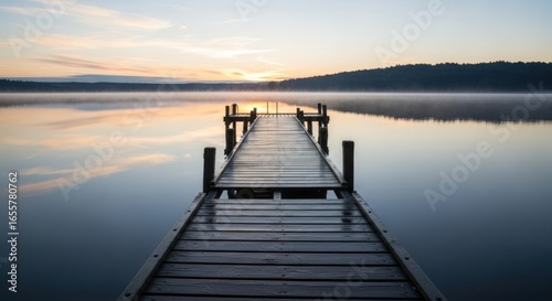 Fototapeta Naklejka Na Ścianę i Meble -  A serene sunrise over a calm lake with a wooden dock extending into the water, reflecting the soft light and creating a peaceful, tranquil scene