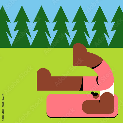 Wellness in nature. Black Girl engaging in digital detox, forest bathing, and enjoying urban green spaces for mental health. Flat Vector illustration.
