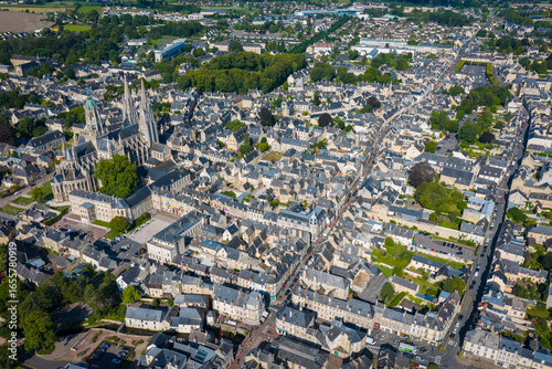 Fototapeta Naklejka Na Ścianę i Meble -  Aerial view above the city of Bayeux in Normandy France at sunrise