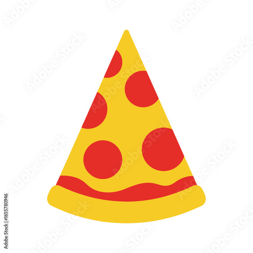 Pizza slice shaped party hat yellow with red circles on white background.