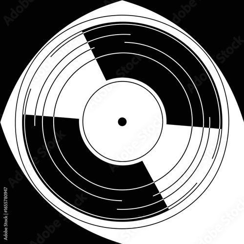 Circular graphic with black and white segments arranged in a concentric pattern.