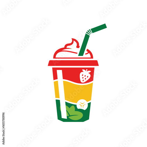 Colorful layered smoothie in a plastic cup with whipped cream and straw.