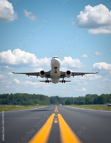 A passenger airplane taking off from the airport on a bright, sunny day.