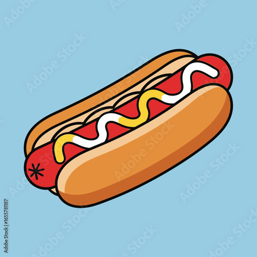 Cartoon hot dog with mustard and mayonnaise on a light blue background.