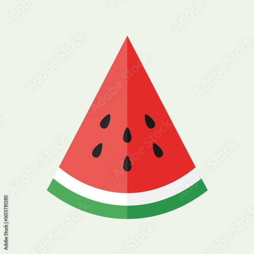 Watermelon slice illustration with red flesh green rind and black seeds.