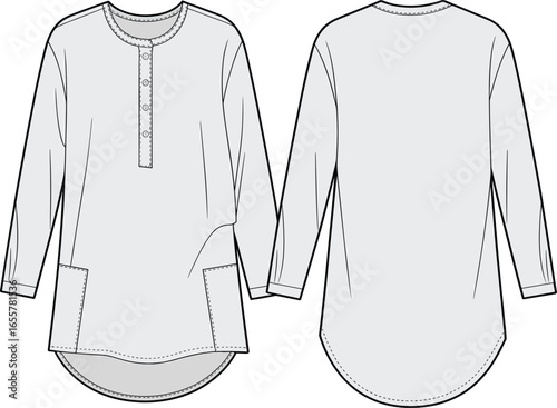 Women tunic top design, long sleeve shirt flat sketch, fashion cad drawing, garment vector template, clothing blueprint, apparel illustration, casual outfit