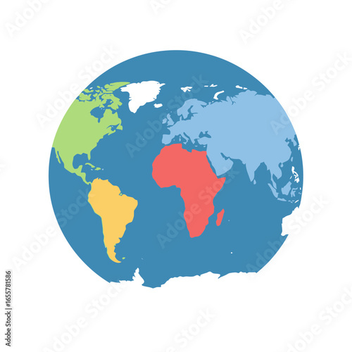 World globe with continents in different colors on a white background.