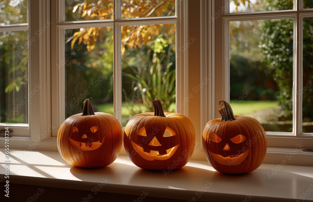 Obraz premium Festive Halloween pumpkin display with carved orange gourds and seasonal autumn decorations perfect for fall celebrations and holiday decor
