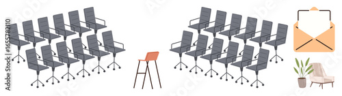 Rows of office chairs contrast with a single stool, envelope, plant, and armchair, reflecting teamwork vs. individual creativity. Ideal for workplace culture, creative thinking, individuality