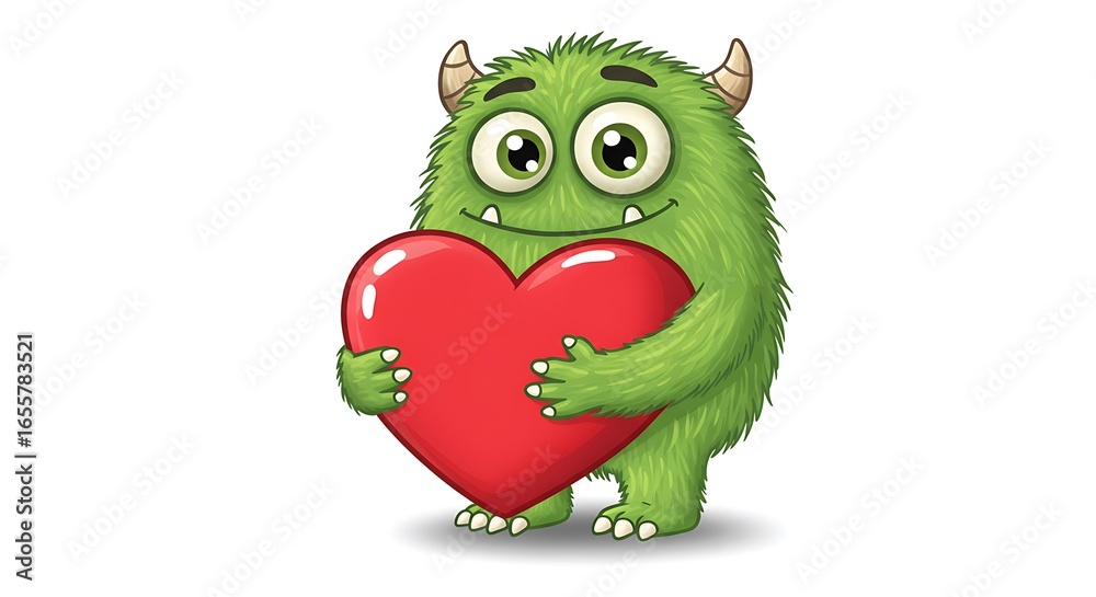 Obraz premium Cute green monster holding heart