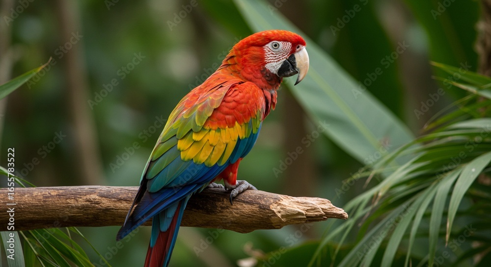 Obraz premium A vibrant parrot perched on a tropical branch surrounded by lush rainforest