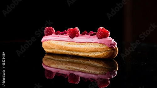 Elegant pink-iced eclair with fresh raspberries on a reflective black surface with dramatic lighting.