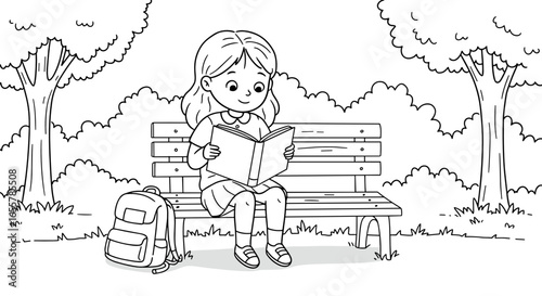 Black and white illustration of a girl reading a book on a park bench