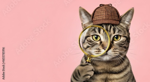 Curious tabby cat with magnifying glass detective