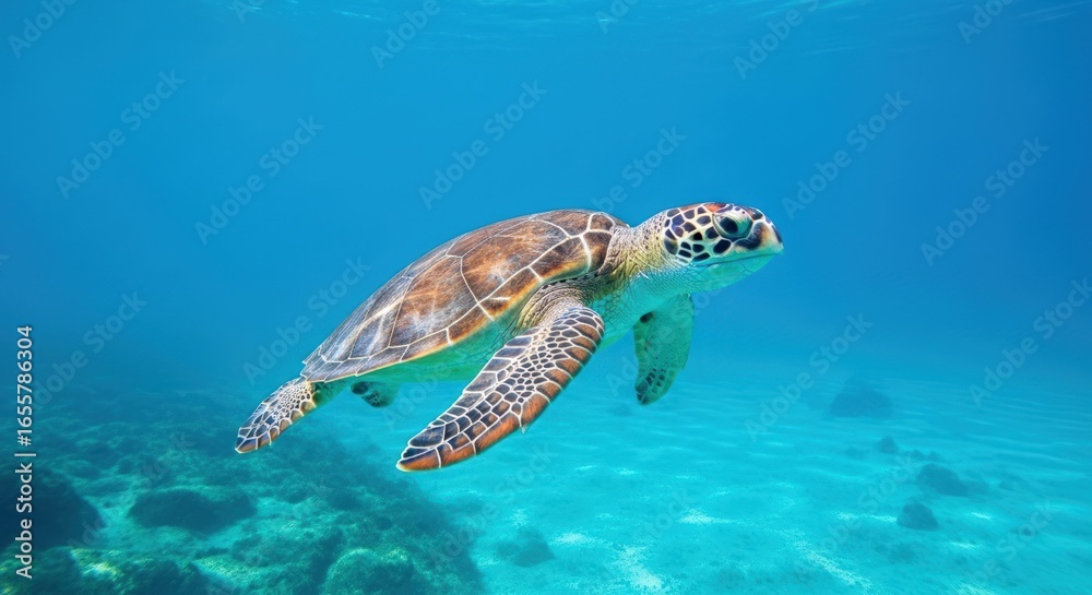 Obraz premium A green sea turtle gracefully swims in the crystalclear turquoise waters of the caribbean, basking in the sunlight and exploring the vibrant coral reef