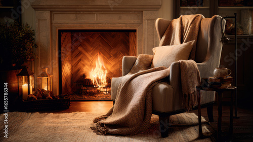 A cozy autumn scene with a warm fireplace and inviting armchair, ideal for a relaxing holiday.