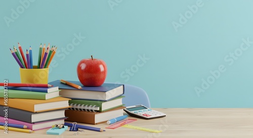 Wallpaper Mural Colorful School Supplies and an Apple on a Desk in a Bright Classroom Setting Torontodigital.ca