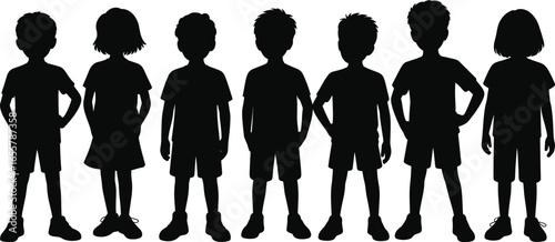 Silhouette children standing group vector, kids shadow collection isolated, boy girl figures posing illustration, child outline black design, lifestyle concept.