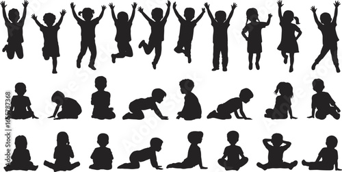 Silhouette children playing jumping sitting crawling, kids shadow collection isolated, child activity vector set, happy childhood poses, black figure illustration.