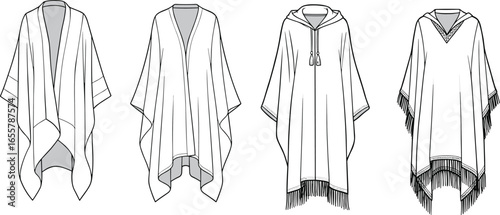 Fashion technical sketch of women poncho and cape designs, front view, detailed flat sketch vector illustration for garment production