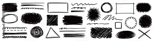 Scribble doodle drawn pencil shapes set. Hand drawn sketch doodle style rectangle, circle frames and underlines. Pencil scribble textured borders, grunge abstract brush elements. Vector illustration